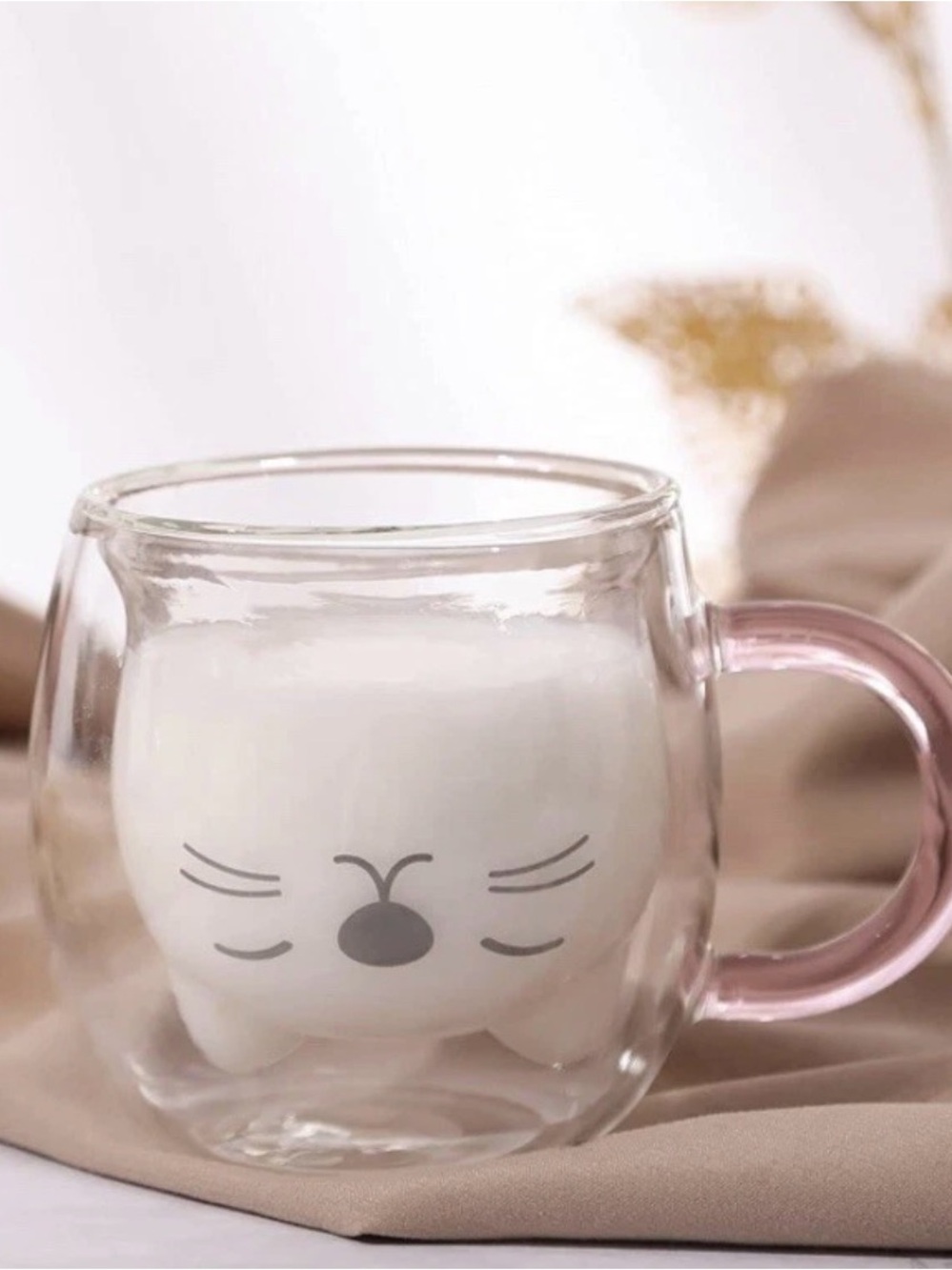Clear Double-Wall Cat Mug with Pink Handle